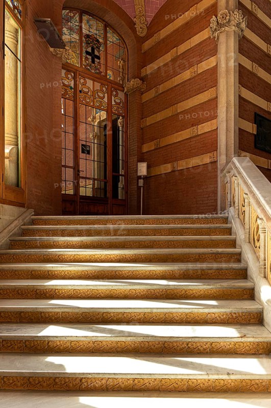 Interior view of the hall and corridors in the main building in the Hospital de la Santa Creu i Sant Pau by architect Lluís Domènech i Montaner, Barcelona, Catalonia