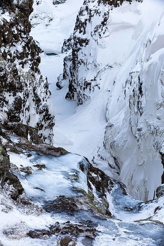 Icy and snow-covered Kolugljufur Canyon, Northern Iceland Vestra, Iceland
