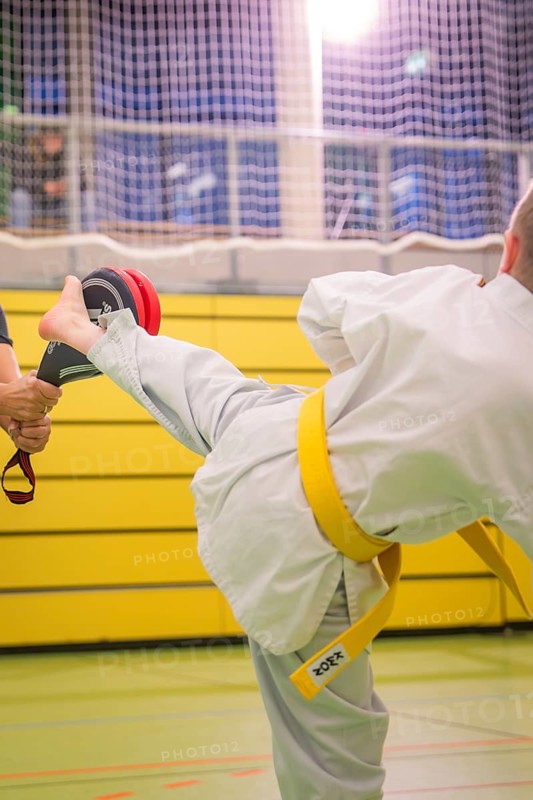 Child doing taekwondo training doing a high kick in a gym, Taekwondo, Calw, Germany