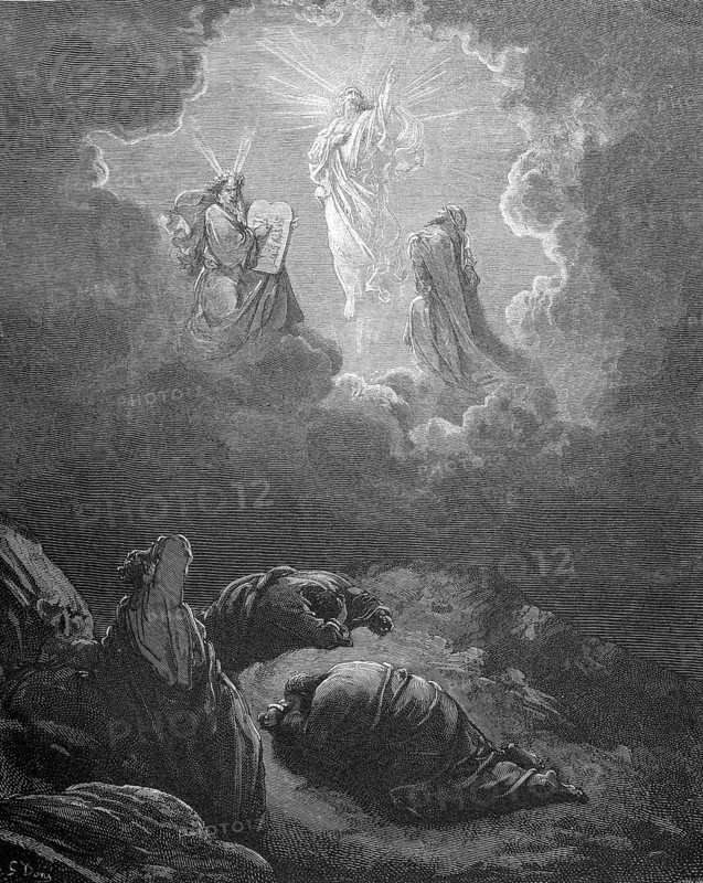 The Transfiguration of Christ, Jesus in Glory, Matthew chapter 17, verse 1, three disciples, Peter, James, John, sky, ray of light, illumination, mountain, transformation, bright clothes, stone tablet, writing, prostrating, dazzling, divine cloud, Christian religion, Bible, New Testament, steel engraving Doré, historical illustration 1885