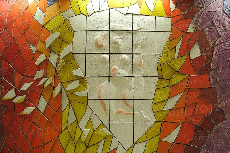 Art installation Human Family by Peter Piniski 1992, modern art, abstract art, white figures, woman, limbs, segments, individual parts, red, orange, detail, wall painting, relief with colorful tiles, tiles, ceramic tiles, underpass, subway station, Dornbusch, Frankfurt am Main, Hesse, Germany