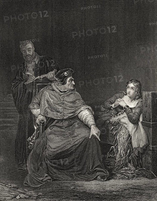 Kardinal Beaufort verhört Jeanne d'Arc im Gefängnis, Szene aus Heinrich VI, Teil 1, einem Historienspiel von William Shakespeare