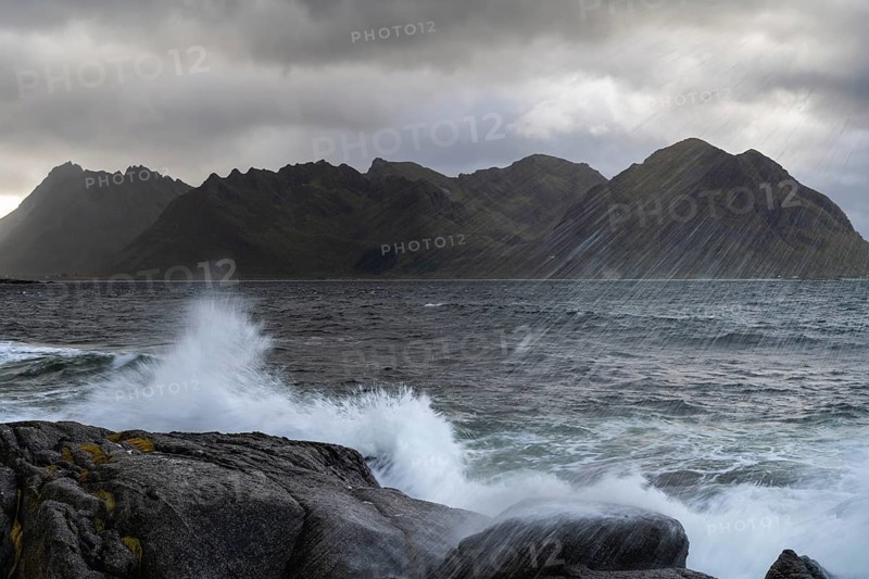 Coastal landscape with ocean surf, Lofoten, Nordland, Norway, September 2020