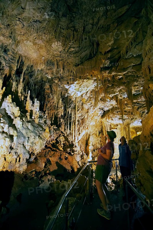 Cave with illuminated stalactites and stalagmites, stalactite cave, Diros Cave, Glyfada Cave, Vlychada Cave, Mani, Laconia, Peloponnese, Greece