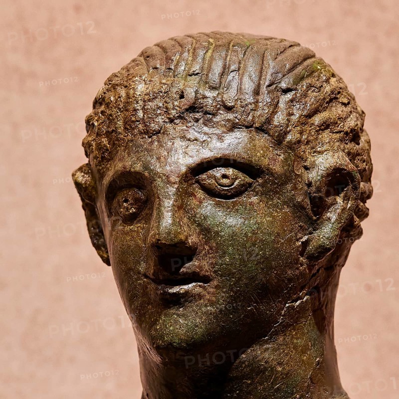 Diocouroi or athlete, ancient bronze sculpture of a male head, distinctive and detailed depiction, Pylos Archaeological Museum, Neokastro, Pylos, Peloponnese, Greece