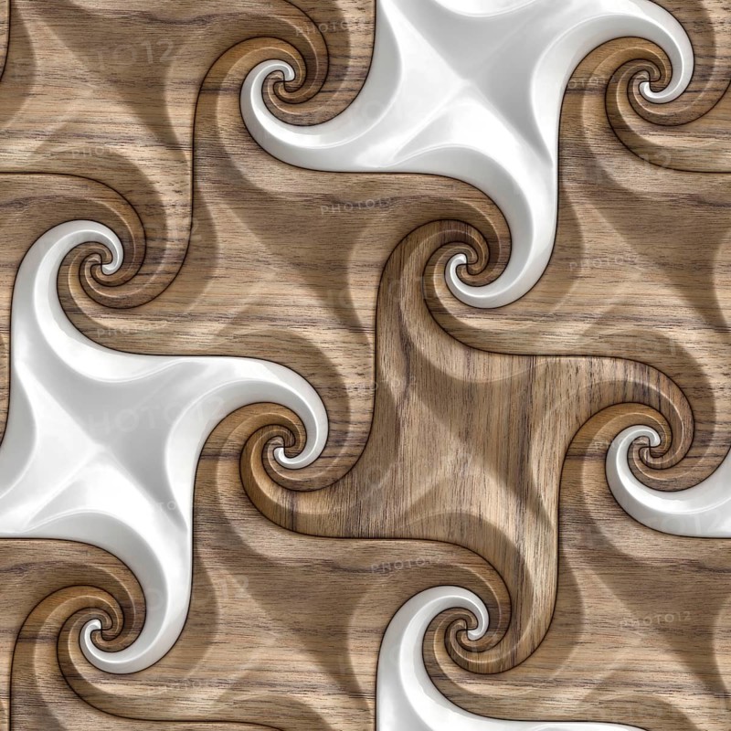 Seamless 3D illustration of intertwining geometric patterns combining wood textures and glossy white elements, suitable for wallpapers and creative backgrounds