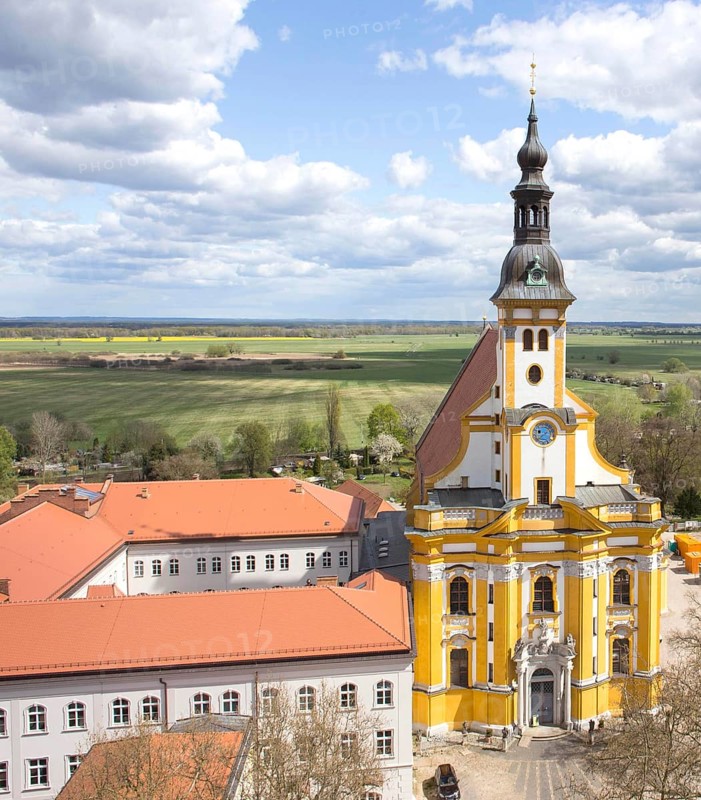 Neuzelle, 16.04.14 JE, Aerial view of Neuzelle Monastery. The Cistercian monastery with the Catholic church of St Mary from the 15th century is the only remaining one in Brandenburg, 16.04.2014