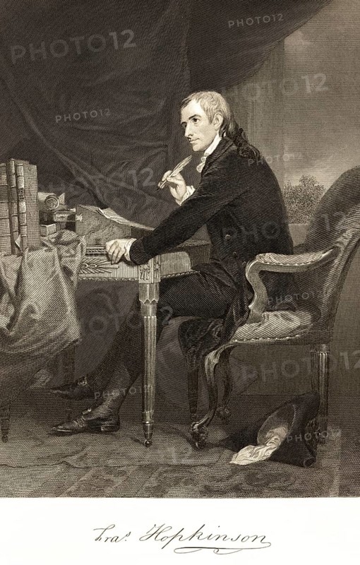 Francis Hopkinson (1737-1791) lawyer, co-signer of the Declaration of Independence, USA, room, table, donkey sitting, many books, pen, thinking, portrait of famous Americans, signature, artist Alonzo Chappel, steel engraving, historical illustration 1862