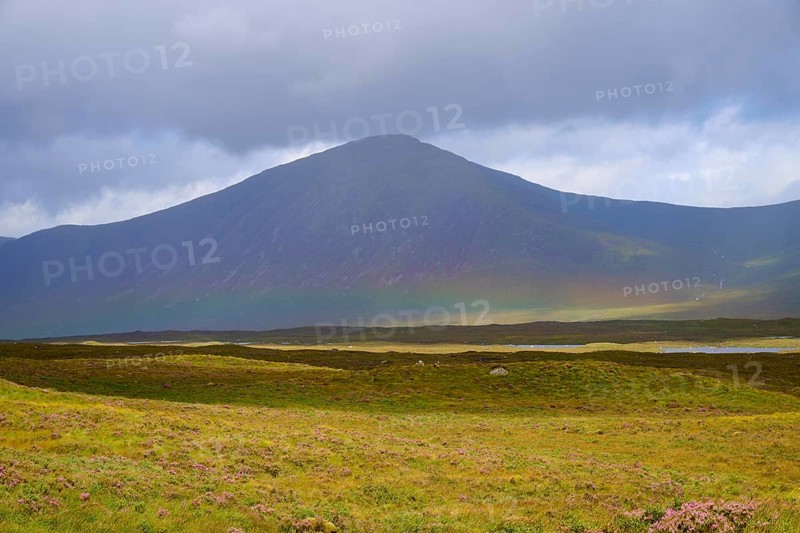 A large, cloud-covered mountain rises above a vast, grassy landscape, Rannoch Moor, Bridge of Orchy, Scotland, United Kingdom, Great Britain