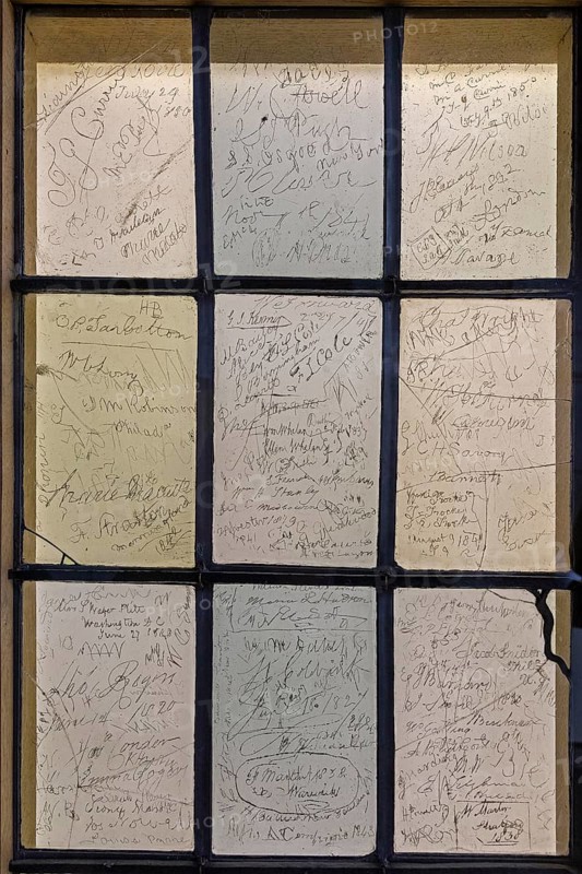 Interior photograph, visitors' signatures carved into window glass, William Shakespeare's birthplace, Stratford-upon-Avon, Warwickshire, England, Great Britain