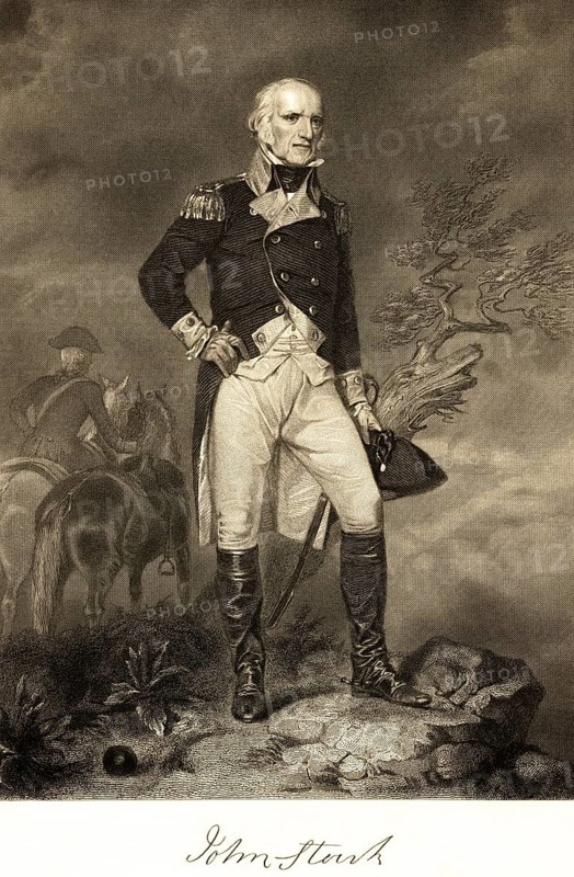 John Stark (1728-1822) General in the American War of Independence, officer, service in the Continental Army, uniform, outdoors, horses, sword, boots, rock, tree, cone ball, portrait of famous Americans, signature, artist Alonzo Chappel, steel engraving, historical illustration 1862