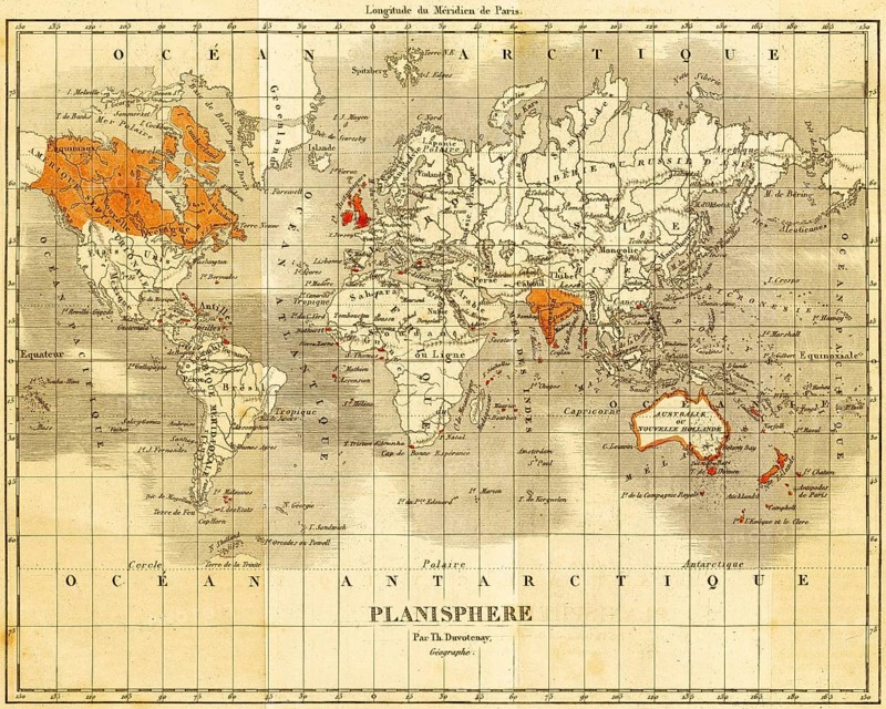 World map with England and the English colonies in the 19th century, color coding, French lettering, zero longitude through Paris, geography, Great Britain, steel engraving, historical illustration 1842