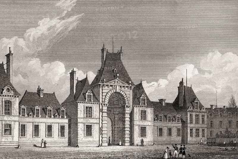 The Royal Château de Fontainebleau, near Paris, antique steel engraved print, 1831
