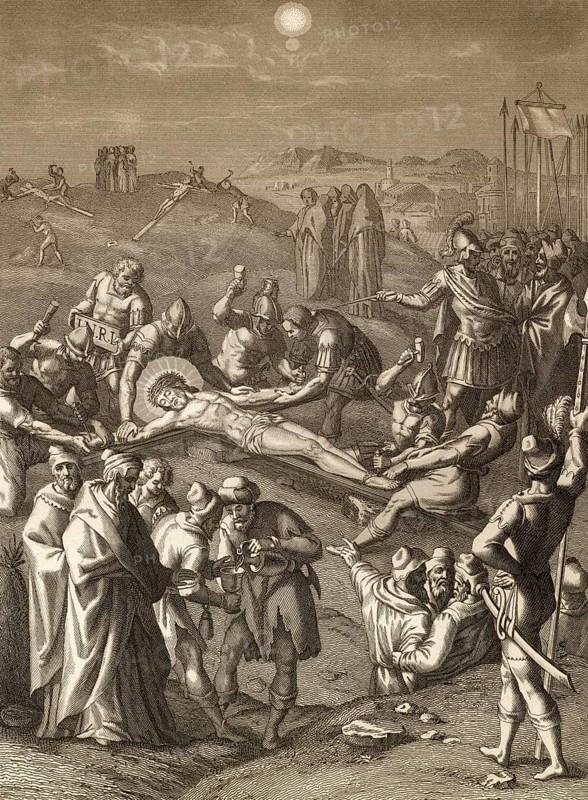 Crucifixion of Jesus, Mount Calvary, Jerusalem, New Testament, steel engraving 1853, digitally restored