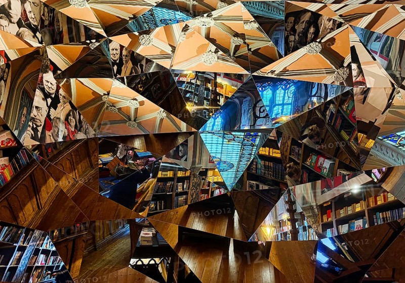 Livraria Lello, bewildering look at a kaleidoscope of mirrors in the Lello bookstore, Porto, Portugal