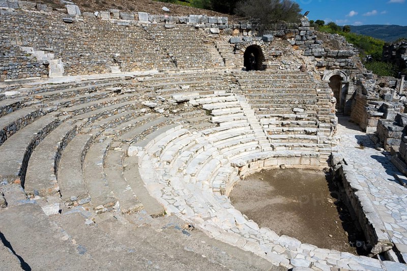 Ancient stone amphitheatre with semicircular rows of seats, sunny weather, theatre, Efes, Ephesus, UNESCO World Heritage Site, Izmir Province, Ionia, Turkey