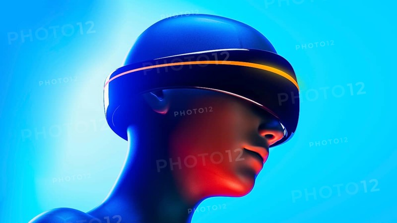 A humanoid wearing virtual goggles experiences an augmented world filled with artificial intelligence and futuristic elements under vibrant lighting