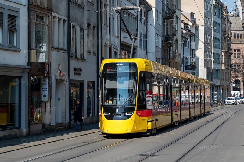 Baselland Transport AG yellow tram in downtown Basel, Canton of Basel-Stadt, Switzerland