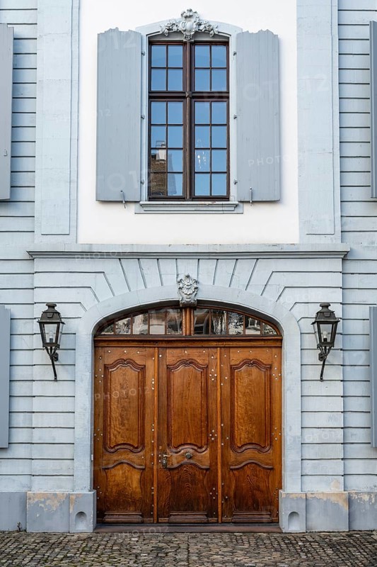 Portal, entrance door Oakwood door from the Seidenhof, a baroque building in the old town of Basel, Canton of Basel-City, Switzerland