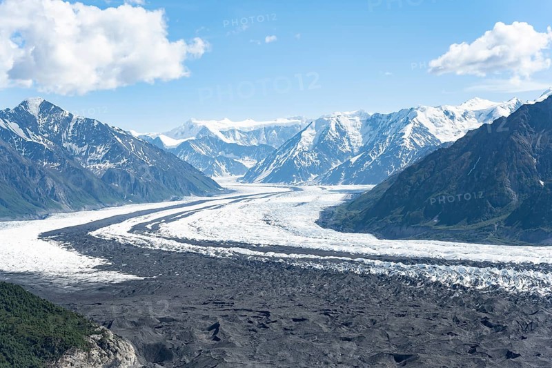 View of impressive mountain landscape with Matanuska glacier and glaciated mountain peaks, Lion's Head, Chugach Mountains, Alaska, USA