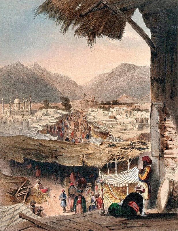 City of Kandahar, with main bazaar and citadel, Afghanistan. Coloured lithograph by R. Carrick after Lieutenant James Rattray, c. 1847.City of Kandahar, its principal bazaar and citadel, taken from the Nakarra Khauneh, or Royal Band room, R. Carrick lith., Day and son lithrs to the Queen