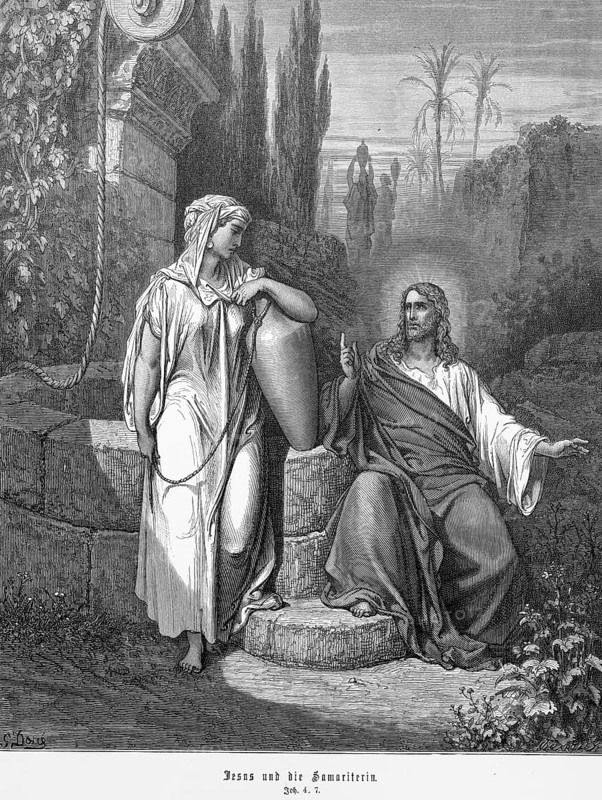 Jesus and the Samaritan woman, give me a sip of water, John, chapter 4, verse 7, Jacob's well, draw water, rope, pitcher, clay pot, young woman, building, palm trees, speaking, index finger raised, sitting, Christian religion, Bible, New Testament, steel engraving Doré, historical illustration 1885