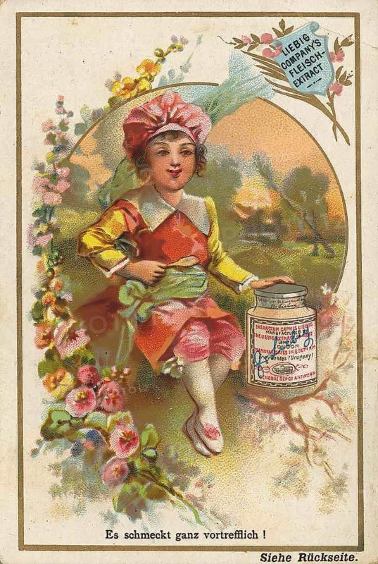 Picture series Children in various professions with Liebig glass, Liebig picture, digitally restored reproduction of a collector's picture from around 1900, public domain, exact date unknown, Cheerful girl with spoon and Liebig Company product in the middle of a colourful floral landscape