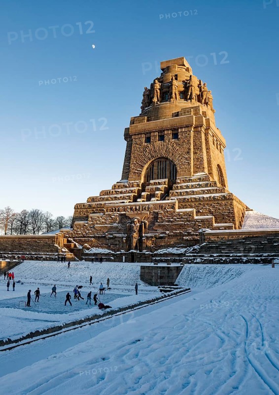 Monument to the Battle of the Nations on a winter's day with snow, Leipzig, Saxony, Germany
