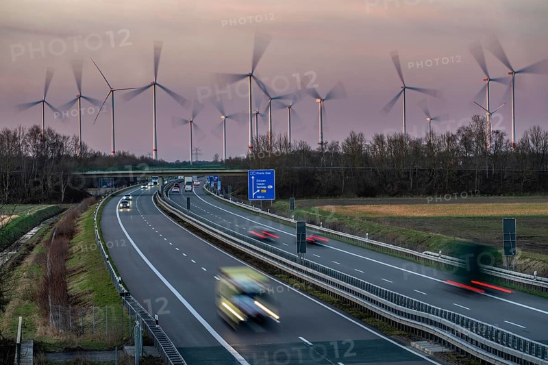 Borsum wind farm, near Rhede, on the A31 motorway, the wind farm was put into operation in 2001 and repowered in 2024, 13 old turbines were dismantled and replaced with 8 new Enercon E160 wind turbines and an Enercon E147, with a total output of almost 50 MW, Lower Saxony, Germany