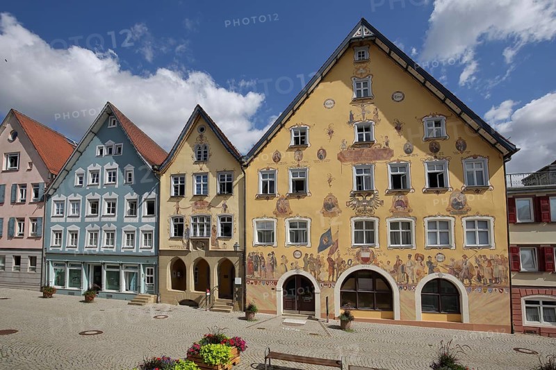 Historic half-timbered houses with town hall built in 1765 with wall painting and yellow guard house built 1860, Horb am Neckar, Neckar Valley, Northern Black Forest, Black Forest, Baden-Württemberg, Germany