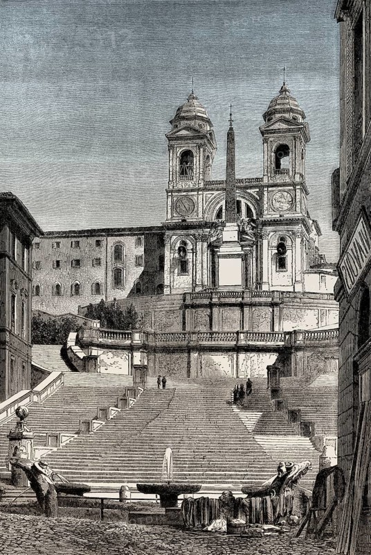 The Spanish Steps, Trinità dei Monti church at the top, Rome, Italy, 19th Century