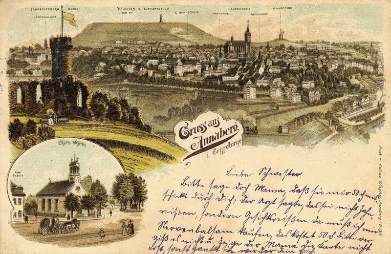 Annaberg in Saxony, town in the Ore Mountains, Erzgebirgskreis, Saxony, postcard, view around 1900 - 1910, historical, digital reproduction of a historical postcard, authentic, public domain, from that time, exact date unknown