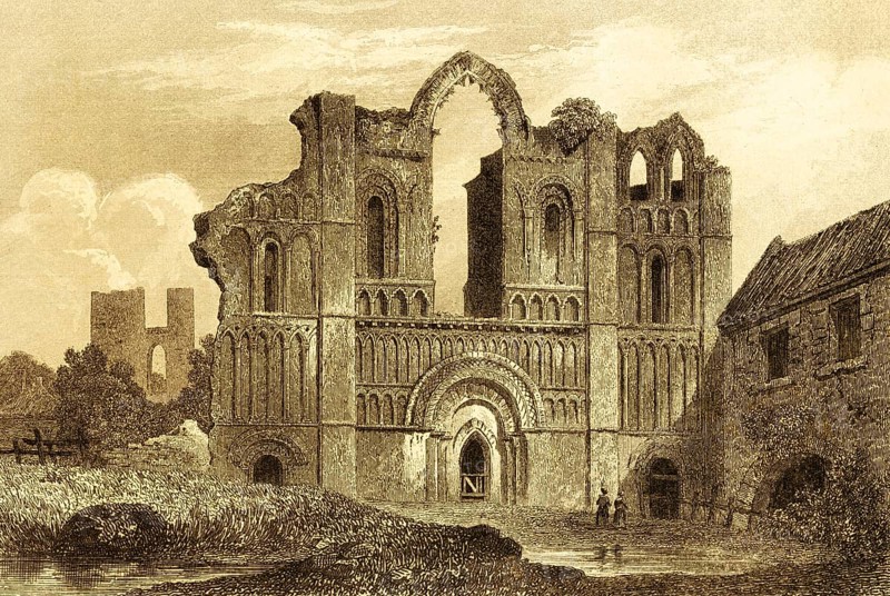 Castle Acre Priory, Norman Castle Ruins, Norfolk, East Anglia, Castle, Abbey, Entrance, Facade, Visitor, Nature, England, Great Britain, Steel Engraving, Historical Illustration 1842