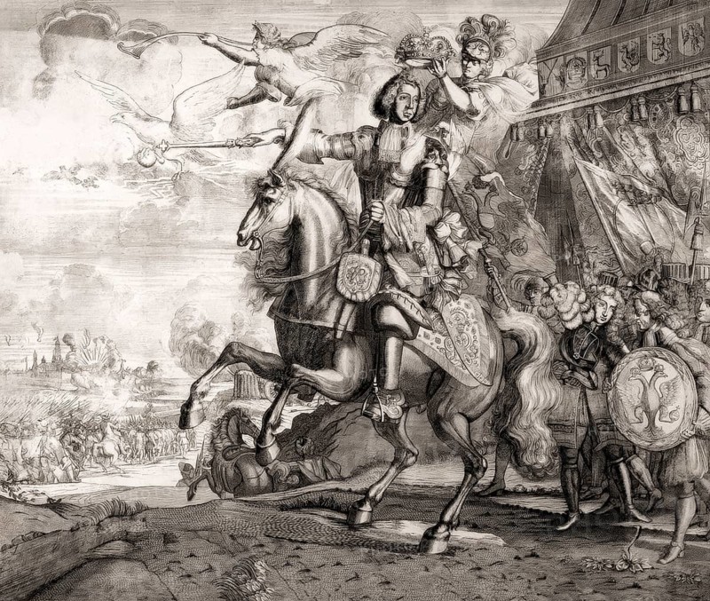 Allegorical Equestrian portrait of Peter I of Russia, Peter the Great, 1672-1725, Emperor of the Russian Empire, digitally optimized