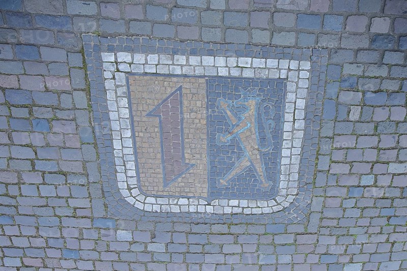 City coat of arms as floor mosaic, paving stones, Friedrichplatz, Mannheim, Rhine-Hesse region, Hesse, Germany