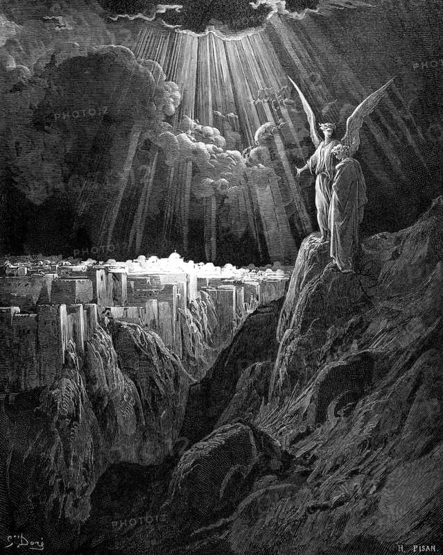 The angel shows John Jerusalem, the new city of Jerusalem, its walls and gates, Revelation chapter 21, verse 10, darkness, past, light, present, bright city, enlightened, angel, mountain, clouds, rays of light, enlightenment, city wall, cityscape, gorge, symbols, Christian religion, Bible, New Testament, steel engraving Doré, historical illustration 1885