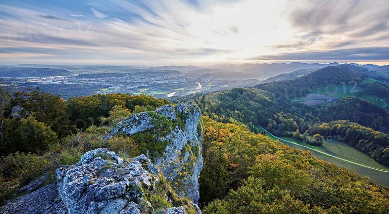 View from the Gisliflue of an autumnal forest with the Jura foothills behind, Talheim, Canton, Aargau, Switzerland