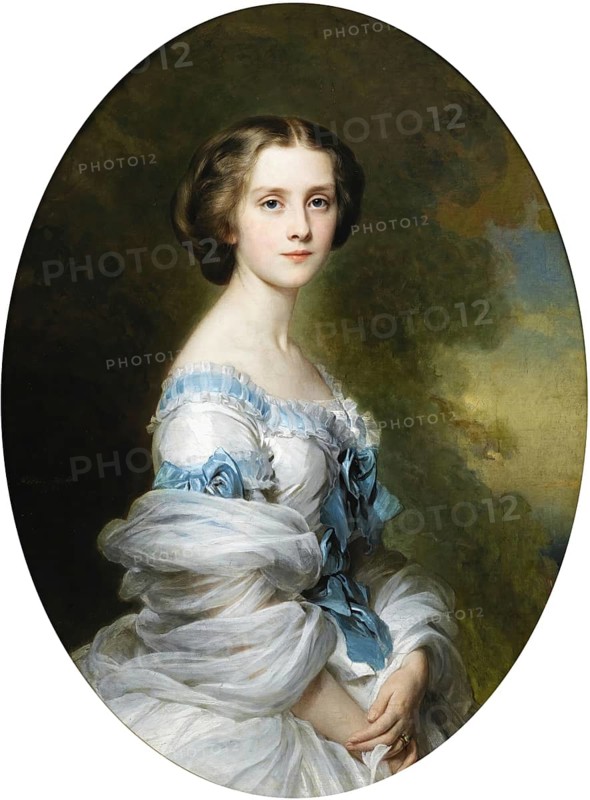 Franz Xaver Winterhalter (20 April 1805 - 8 July 1873), German painter, he was one of the most sought-after and famous portrait painters, here his work:, portrait of Mélanie de Bussière, comtesse Edmond de Pourtalès (1839 - 1913), Painting, Reproduction of the painting, Work of art, Historical, Elegant portrait of a woman in a flowing dress with a blue ribbon