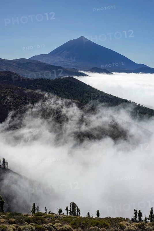 Panorama from east over the Teide National Park, Parque Nacional del Teide, with trade wind clouds, to Pico del Teide, 3715m, Tenerife, Canary Islands, Spain
