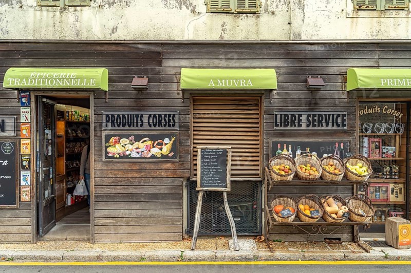 Shop selling traditional Corsican products on the main street in Zonza, Corsica, France