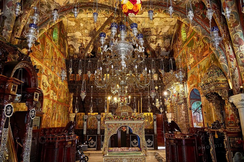 Magnificent church interior with icons, chandeliers and baroque decorations, Holy Week, Bay of Panormitis, Panormitis Monastery, Symi, Dodecanese, Greek Islands, Greece