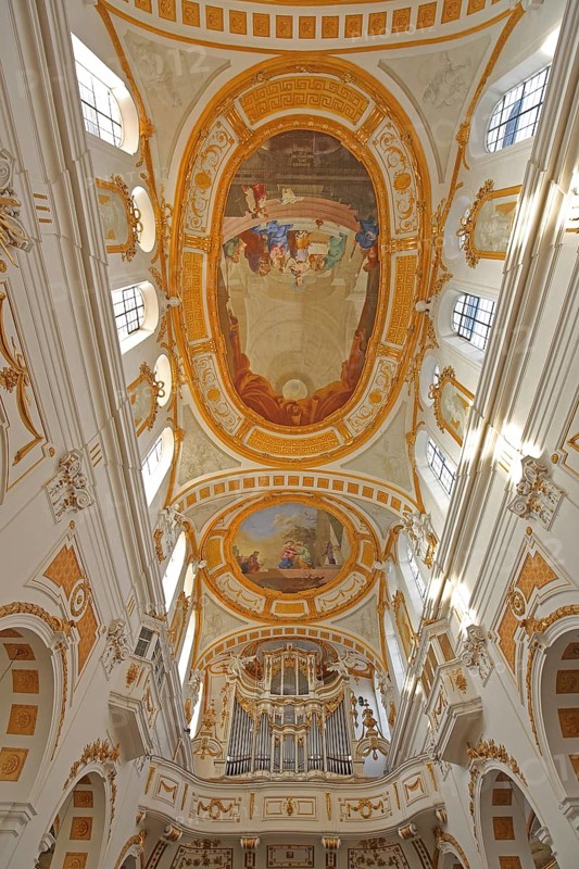 Interior view with ceiling fresco by painter Januarius Zick 1783 by baroque master builder Johann Michael fisherman, arts and crafts, rococo, painting, organ, gallery, decorations, magnificent, monastery church, St. Peter and Paul, Oberelchingen, Elchingen, Upper Swabia, Swabia, Bavaria, Germany