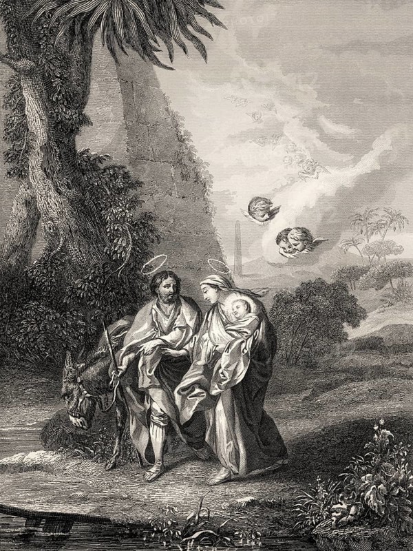 The flight to egypt, steel engraving, 1853, digitally restored