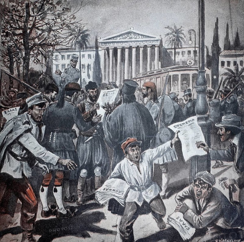 World War 1, Athenian street life during the war (original pictorial text from 1915, original colouring), Illustration, Reproduction from a 19th century original. Authentic, file restored for optimal use, exact date of original unknown, Historical, A crowd in front of a historical building, distributing newspapers, while excitement spreads through the crowd