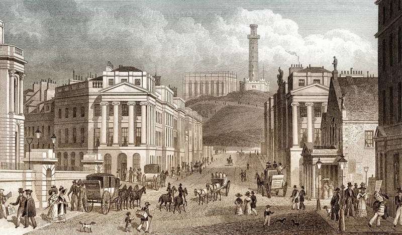 Waterloo Place, the National and Nelson's Monuments, Calton Hill, Edinburgh, Scotland, 19th century, from Modern Athens by Th. H. Shepherd