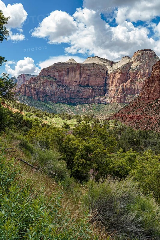 Streaked Wall formation and other rugged mountains with various geology in Zion National Park, Utah