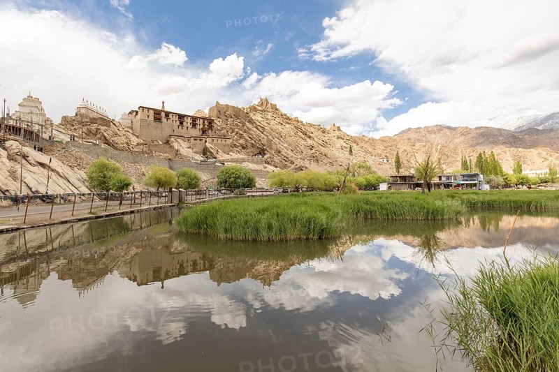 Discover the Shey Ancient Palace in Ladakh, India, nestled in the Himalayas. This image captures the palace's stunning architecture, mirrored beautifully on a tranquil pond
