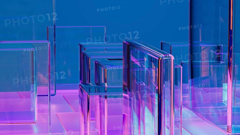 Shimmering transparent shapes background create a stunning visual experience, showcasing a harmonious blend of geometry and technology in vibrant colors