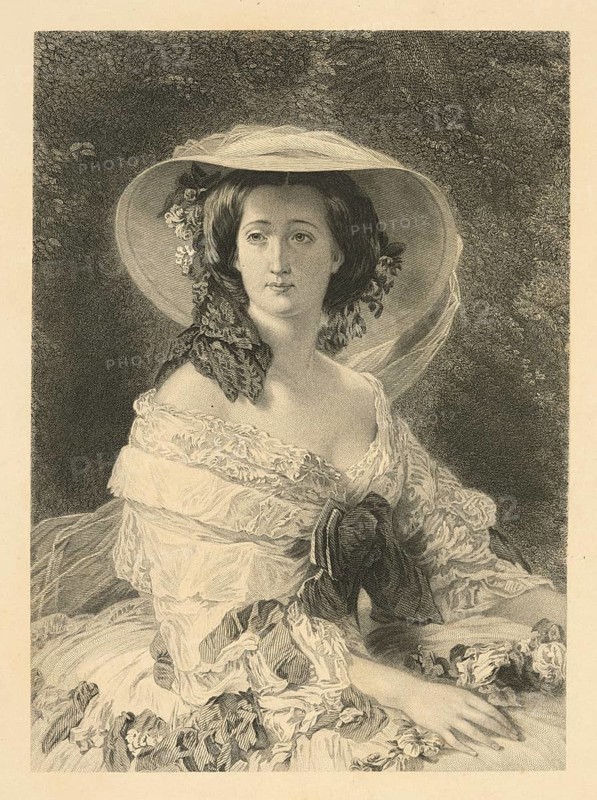 Franz Xaver Winterhalter (20 April 1805 to 8 July 1873), German painter, he was one of the most sought-after and famous portrait painters, here his work:, Empress Eugenie (1872), Empress Eugénie (1826 to 1920), the woman of Napoleon III and last Empress of the French, Painting, Reproduction of the painting, Work of art, Historical, Black and white drawing of a woman with hat and lace dress in a natural setting
