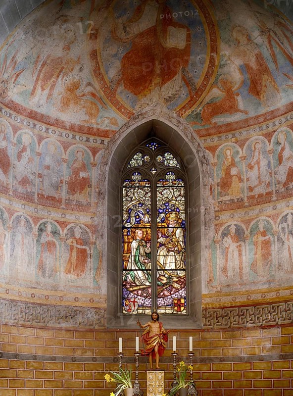 Interior view, painting in the apse, divided into three sections, choir, altar, stained glass windows, collegiate church Sankt Peter und Paul, Niederzell, Insel Reichenau, Landkreis Konstanz, Baden-Württemberg, Germany